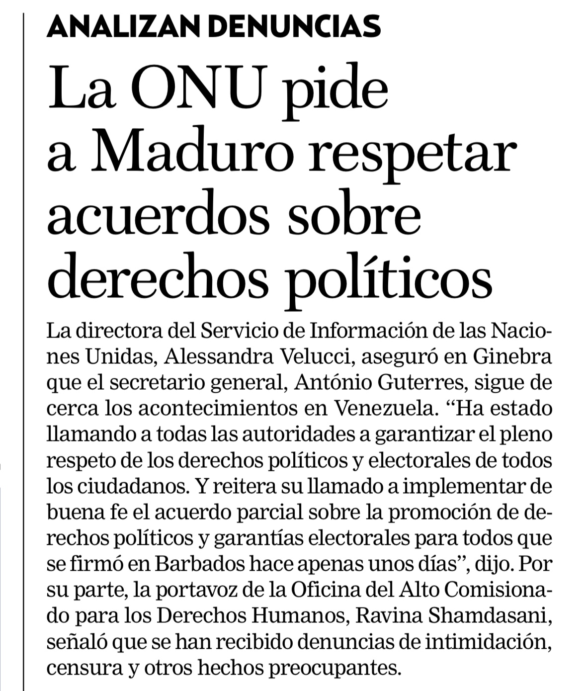 ONU pide a Maduro respetar acuerdos sobre Derechos Políticos