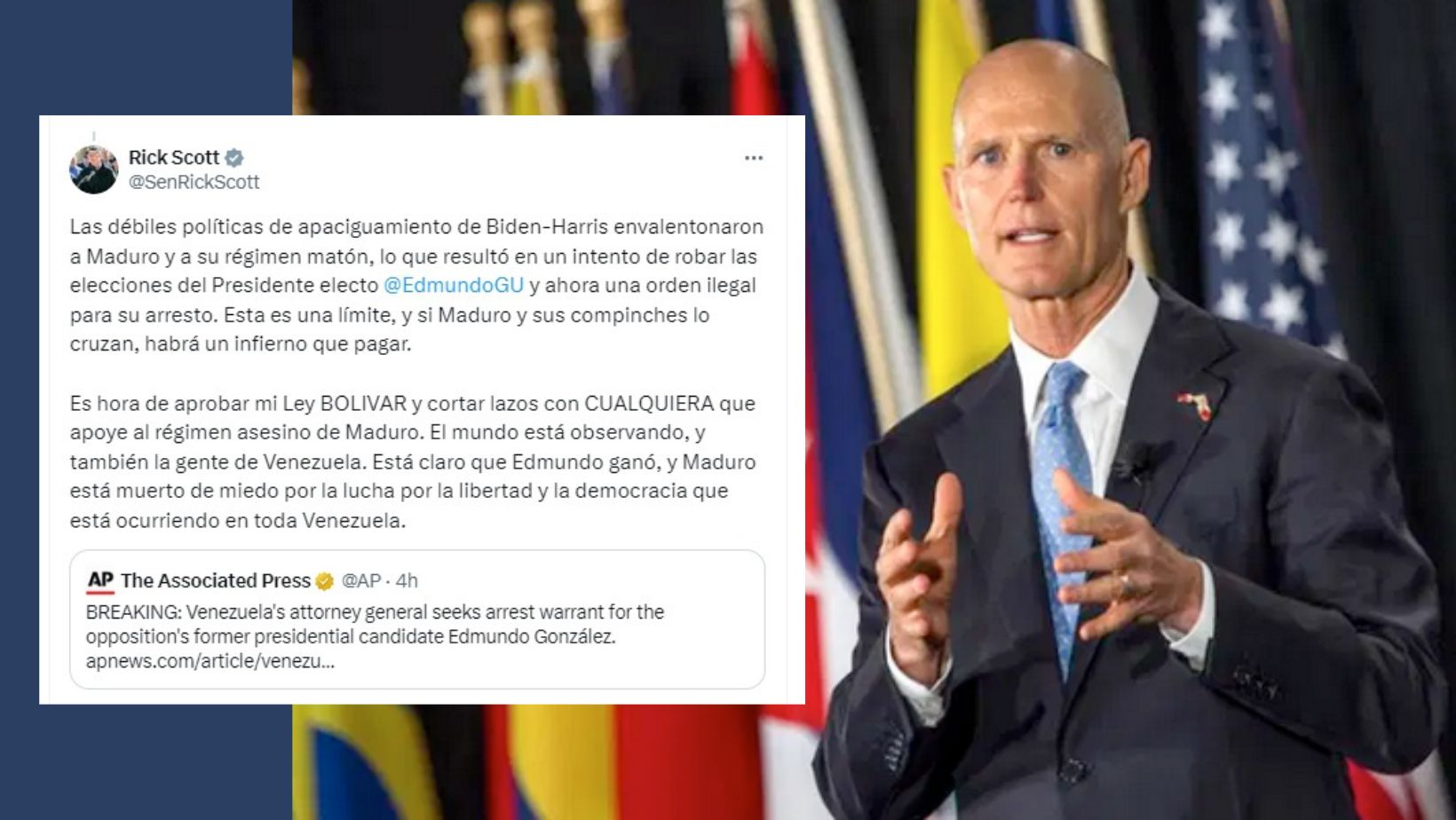 Rick Scott advierte a Maduro: “Se desatará un infierno” si se detiene a Edmundo González