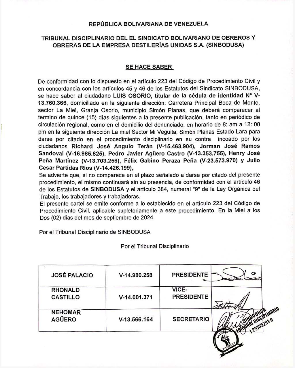 SE HACE SABER |  Al ciudadano LUIS OSORIO, titular de la cédula de identidad N° V- 13.760.366.  Fecha de publicación: 04/09/2024