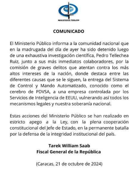 Ministerio Público confirma deteción del expresidente de Pdvsa Pedro Tellechea