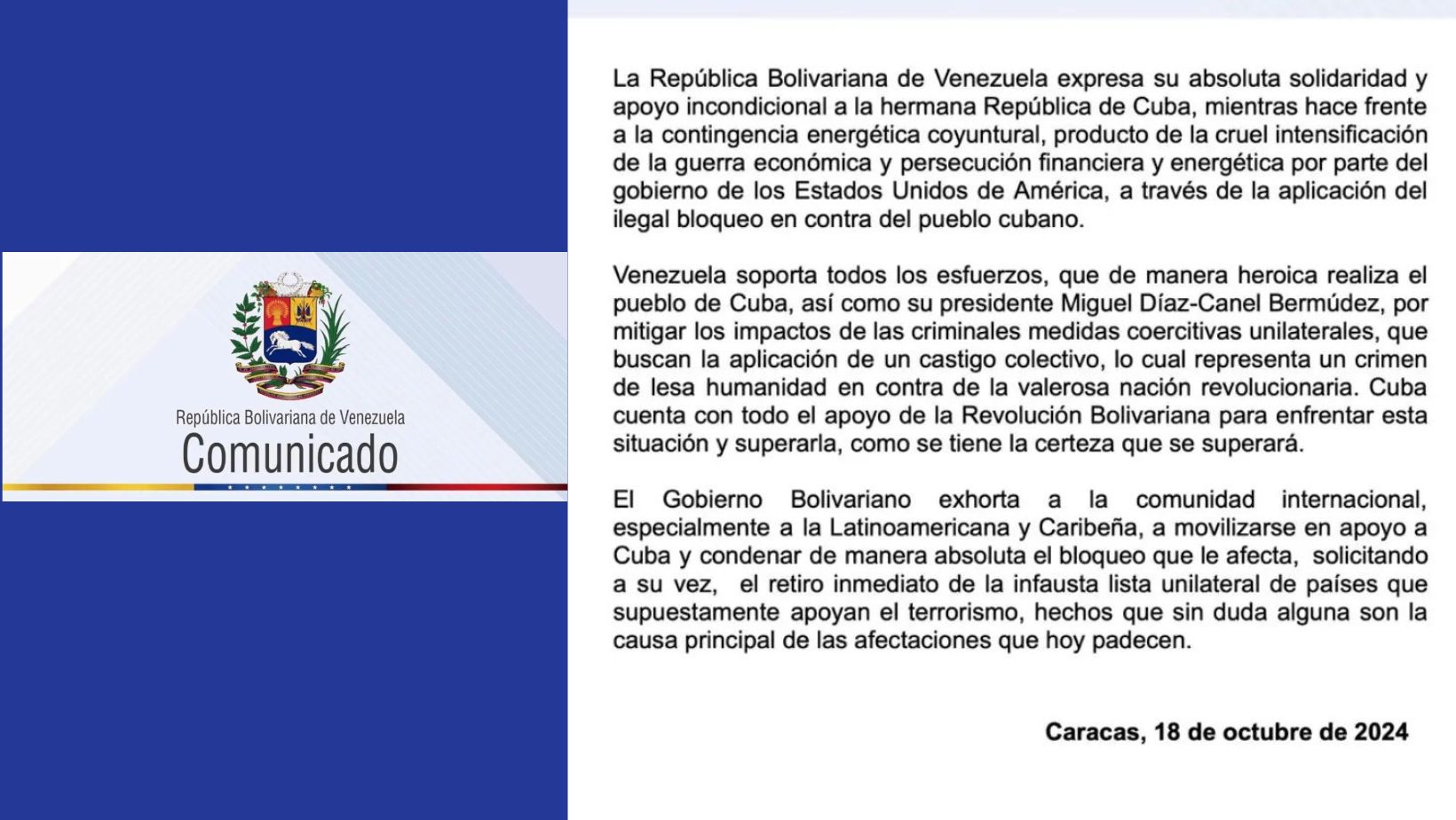 Gobierno de Venezuela llama a la comunidad internacional a apoyar a Cuba ante crisis energética