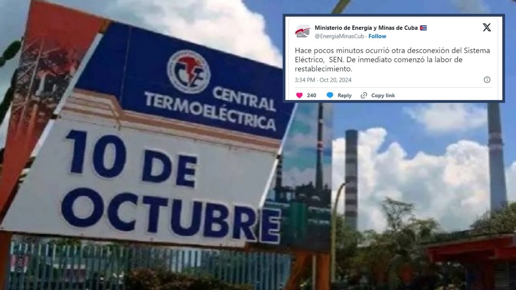 Nueva caída del Sistema Eléctrico Nacional en Cuba tras un “disparo” en la CTE 10 de Octubre